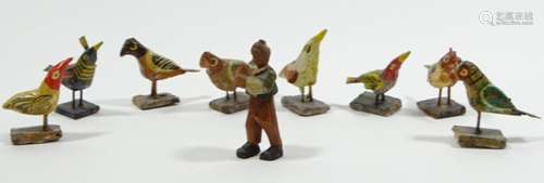 8 Miniatur-Vogelfiguren und Männlein, Holz, H. Vögel: ca. 3 ...