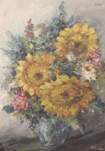 G.Reuter, Blumen in Vase, Öl/Hartfaser