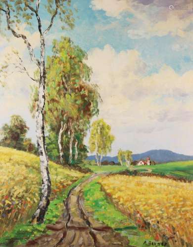 A.Berger, Landschaft mit Birke, Öl/Hartfaser, alt gerahmt