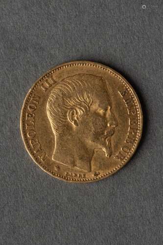 Pièce de 20 francs en or jaune, Napoléon III, 1860 Poids : 6...