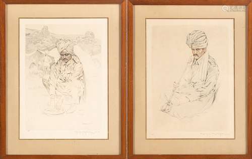 Maurice MILLIERE (1871-1946) Le Sikh Deux gravures au trait ...