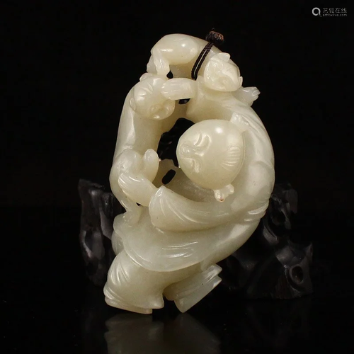 Superb Chinese Hetian Jade Kid & Cat Pendant