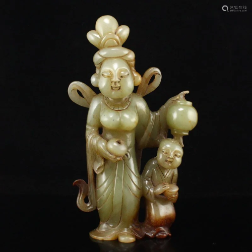 Superb Vintage Chinese Hetian Jade Woman & Kid Statue