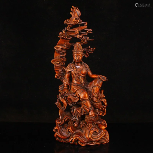 Hand Carved Chinese Boxwood Wood Kwan-yin Statue