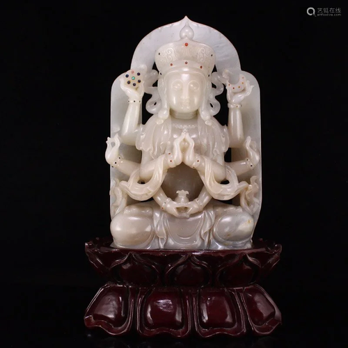 Qing Dy Hetian Jade Inlay Gem 8 Arms Kwan-yin Statue