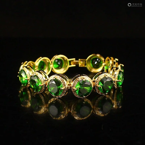 Beautiful Gilt Gold Inlay Green Gems Bracelet