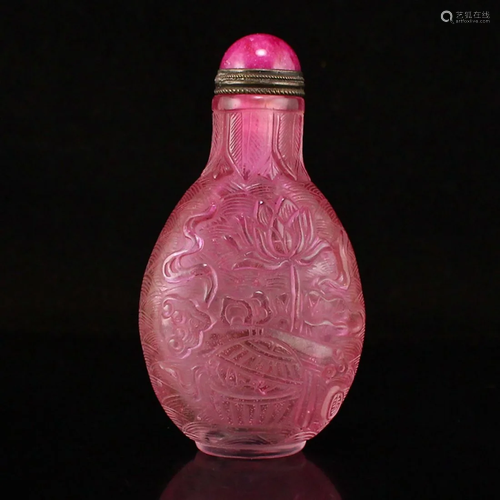 Chinese Pink Peking Glass Low Relief Lotus Snuff Bottle