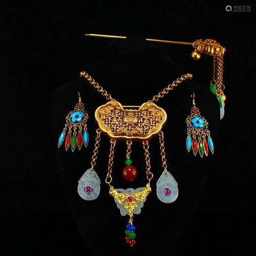 Gold Wirese Enamel Inlay Gem & Jade Jewelry Sets