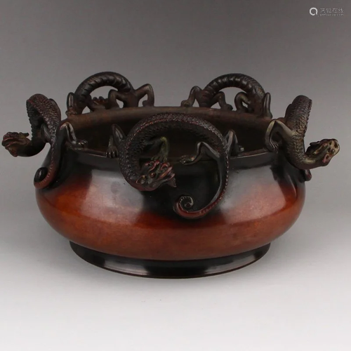 Ming Dynasty Red Copper Five Dragon Big Incense Burner