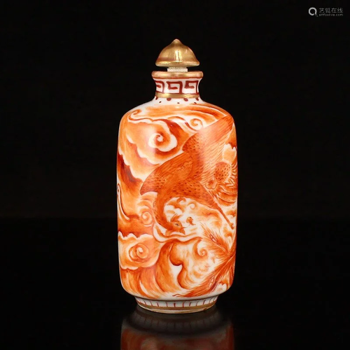 Gilt Gold Iron Red Glaze Phoenix Porcelain Snuff Bottle