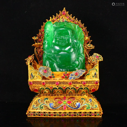 Gold Wire Enamel Base Green Jade Laughing Buddha Statue