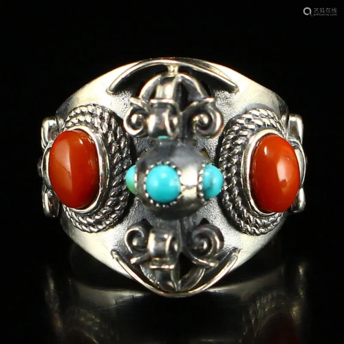 Chinese Pure Silver Inlay Turquoise & Coral Ring