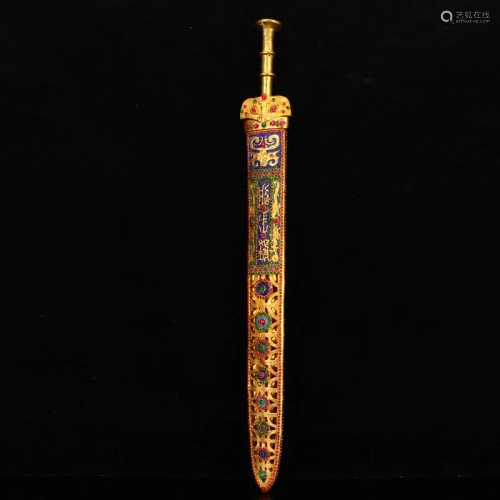 Superb Chinese Gilt Gold Red Copper Inlay Gems Sword