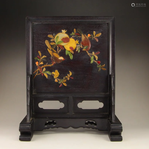 Qing Dynasty Zitan Wood Inlay Shell & Gem Desk Screen