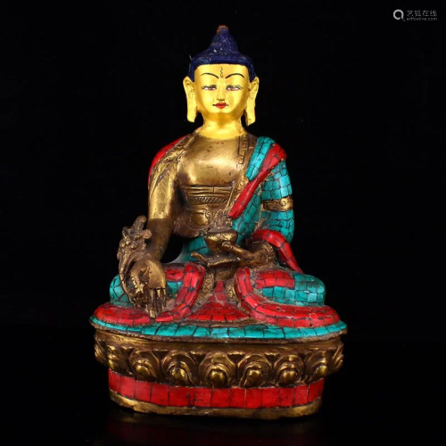 Gilt Gold Red Copper Inlay Turquoise Gem Buddha Statue