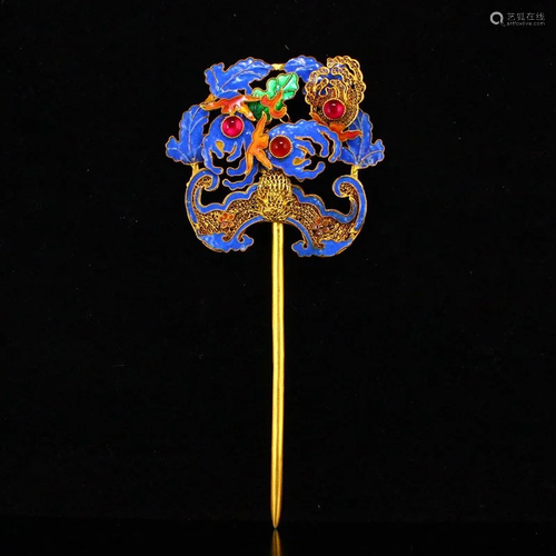 Vintage Chinese Gold Wires Enamel Inlay Ruby Hairpin