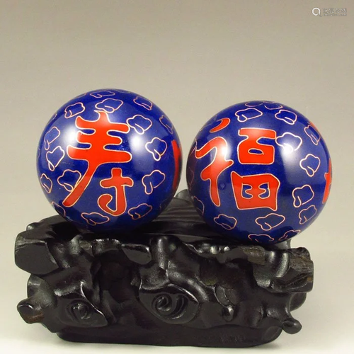 Pair Bronze Cloisonne Inlay Silver Wire Gymnastic Ball