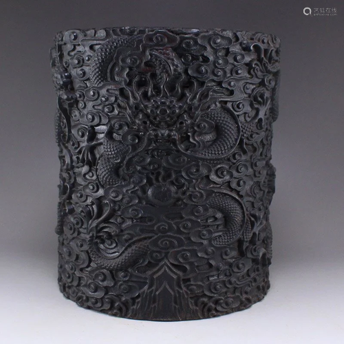 Zitan Wood Low Relief Clouds Dragon Design Brush Pot