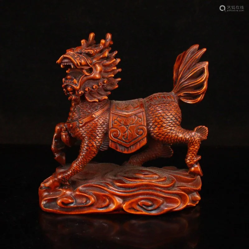 Chinese Boxwood Wood Carved Fortune Kylin Statue