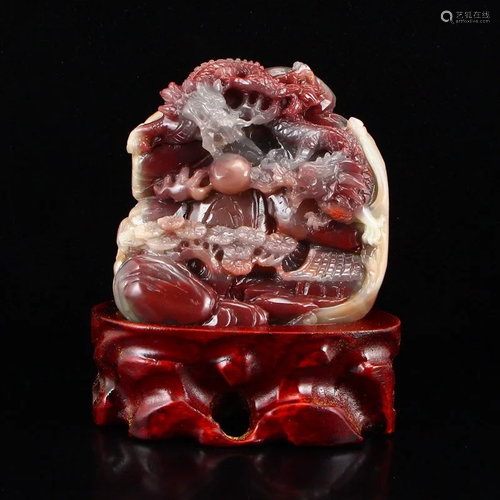 Purple Agate Statue - Double Dragon & Fire Ball