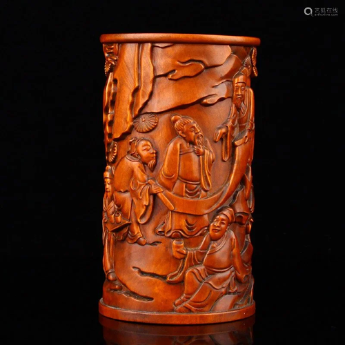 Low Relief Boxwood Figure & Pine Tree Brush Pot