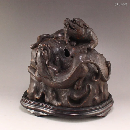 Superb Qing Chenxiang Wood Double Beast Incense Burner