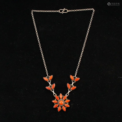 Vintage Chinese Pure Silver Inlay Coral Necklace