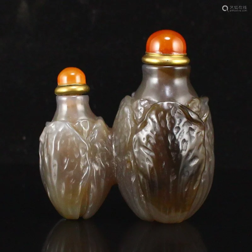 Agate Carved Fortune Cabbage Conjoined Snuff Bottle