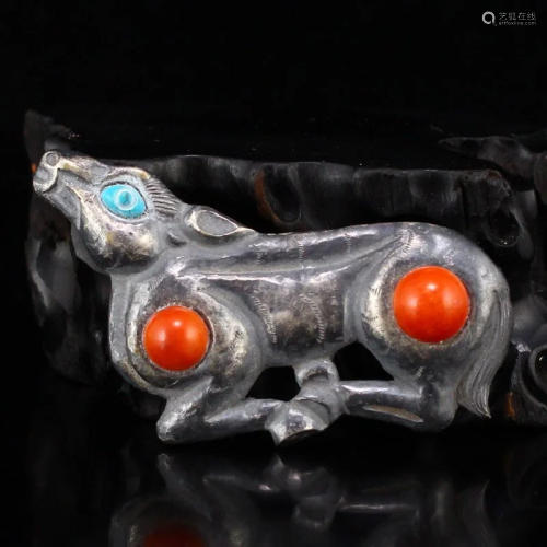 Chinese Pure Silver Inlay Turquoise & Coral Statue
