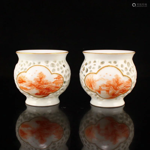 Pair Openwork Chinese Iron Red Glaze Porcelain Tea Cups