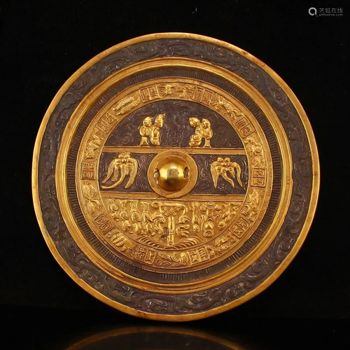 Superb Chinese Gilt Gold Red Copper Mirror