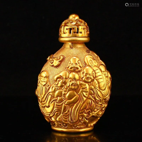 Vintage Chinese Gilt Gold Red Copper Arhat Snuff Bottle