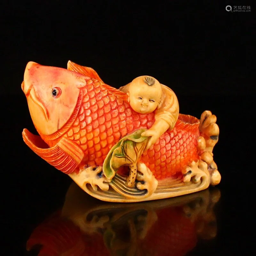 Hand Carved Bone Lotus Leaf Kid & Fortune Fish Statue