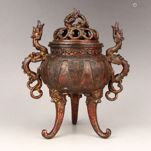 Openwork Red Copper Double Dragon Incense Burner