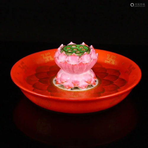 Red Glaze Porcelain Lotus Flower Incense Plate