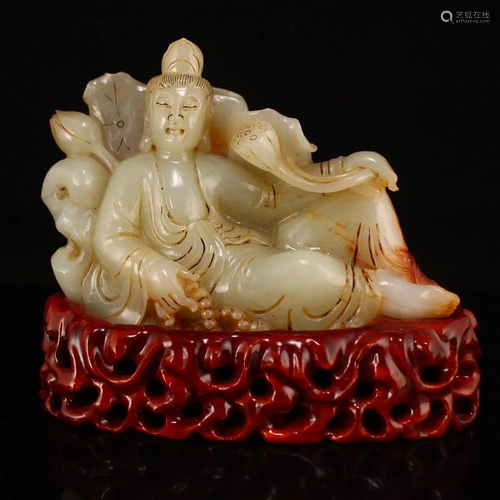 Chinese Qing Dy Hetian Jade Kwan-yin Statue