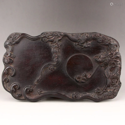 Chinese Zitan Wood Low Relief Lucky Dragon Inkstone