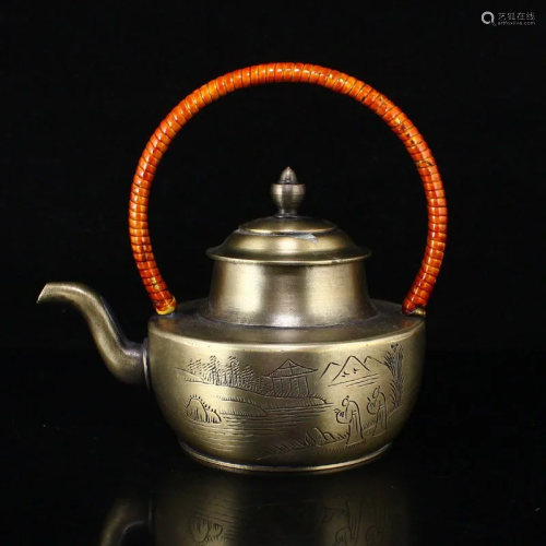 Chinese White Copper Handle Teapot w Scenery Figure