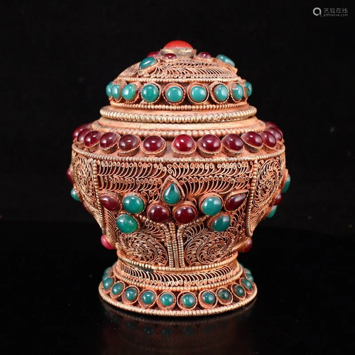 Tibetan Buddhism Silver Wire Inlay Gem Pot