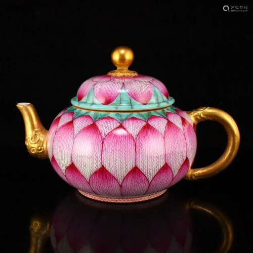 Gilt Gold Famille Rose Lotus Flower Porcelain Teapot