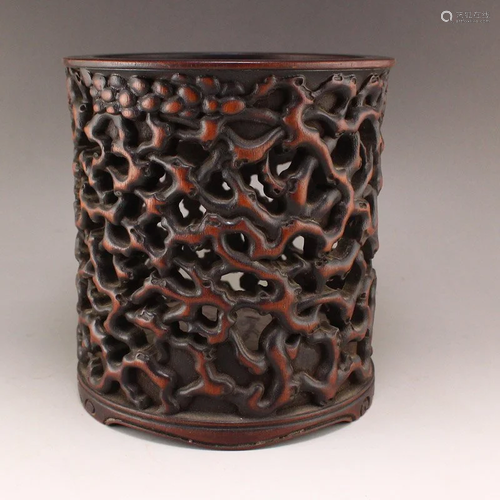 Openwork Vintage Chinese Zitan Wood Brush Pot