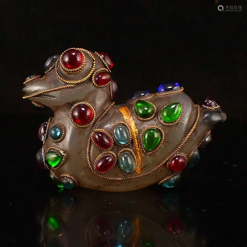 Chinese Crystal Inlay Silver Wire & Gem Duck Statue