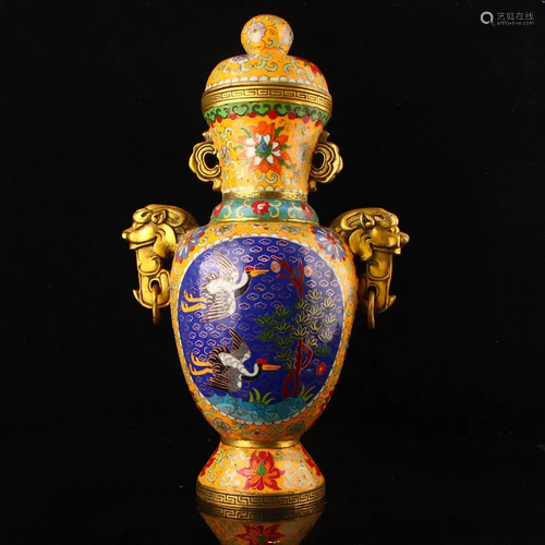 Gilt Gold Red Copper Cloisonne Double Ears Big Vase