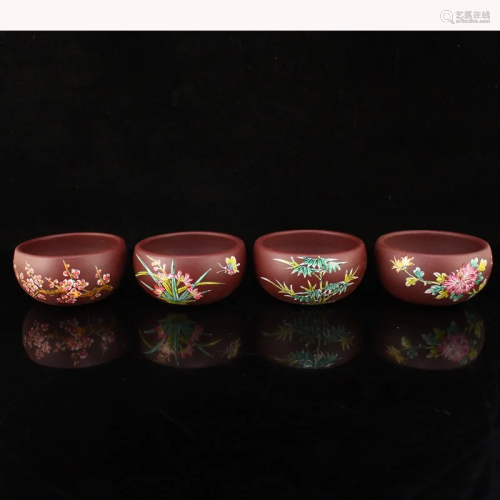 A Set Chinese Famille Rose Yixing Zisha Clay Cups