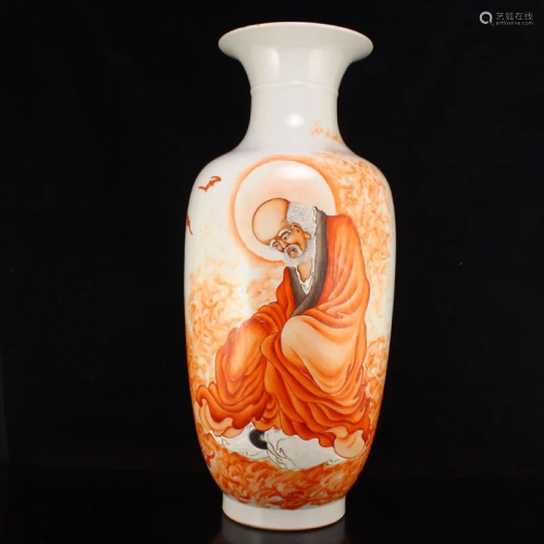 Iron Red Glaze Buddhism Arhat Design Porcelain Big Vase