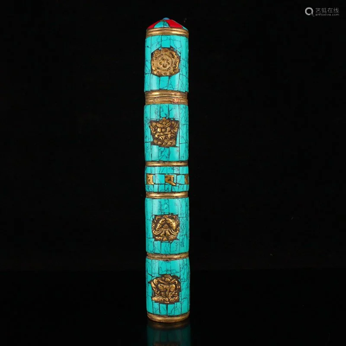 Tibetan Buddhism Copper Inlay Turquoise Sutra Tube