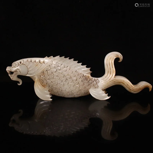 Superb Vintage Chinese Hetian Jade Dragon Fish Statue