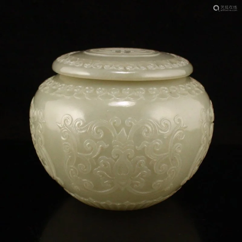 Superb Chinese Qing Hetian Jade Carved Tea Caddy w Lid