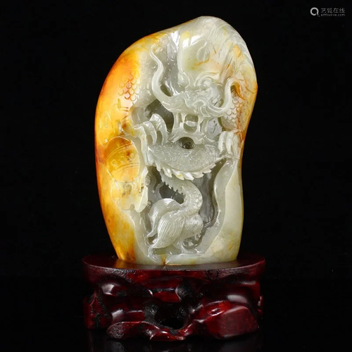 Chinese Natural Hetian Jade Lucky Dragon Statue