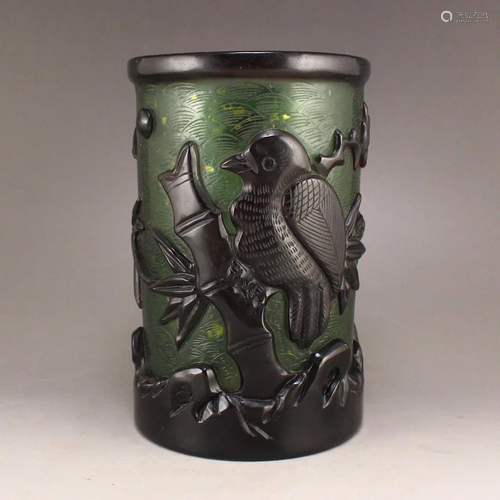 Green Peking Glass Low Relief Bird & Bamboo Brush Pot